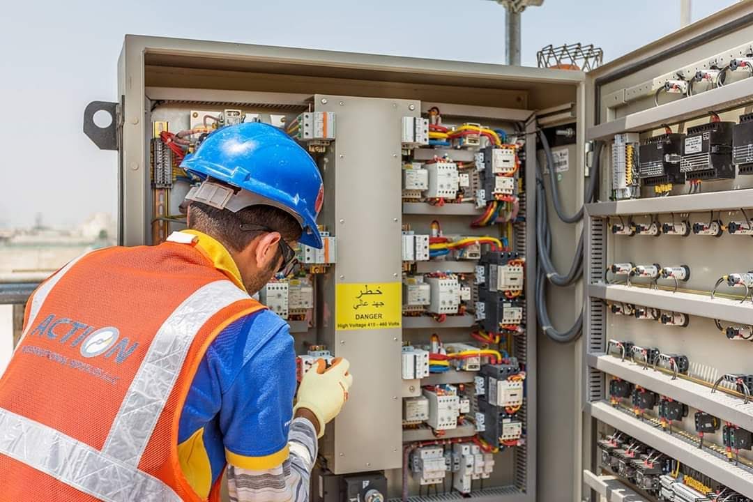 Action field technician working with organized equipment and safety controls